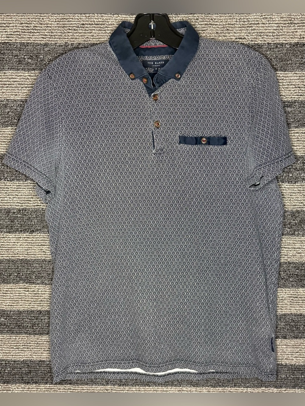 Ted Baker London Karmex Spotted Print Polo Shirt Navy/Grey Size 3 Small EUC